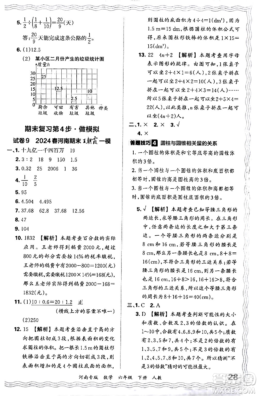 江西人民出版社2024年春王朝霞各地期末試卷精選六年級(jí)數(shù)學(xué)下冊(cè)人教版河南專版答案