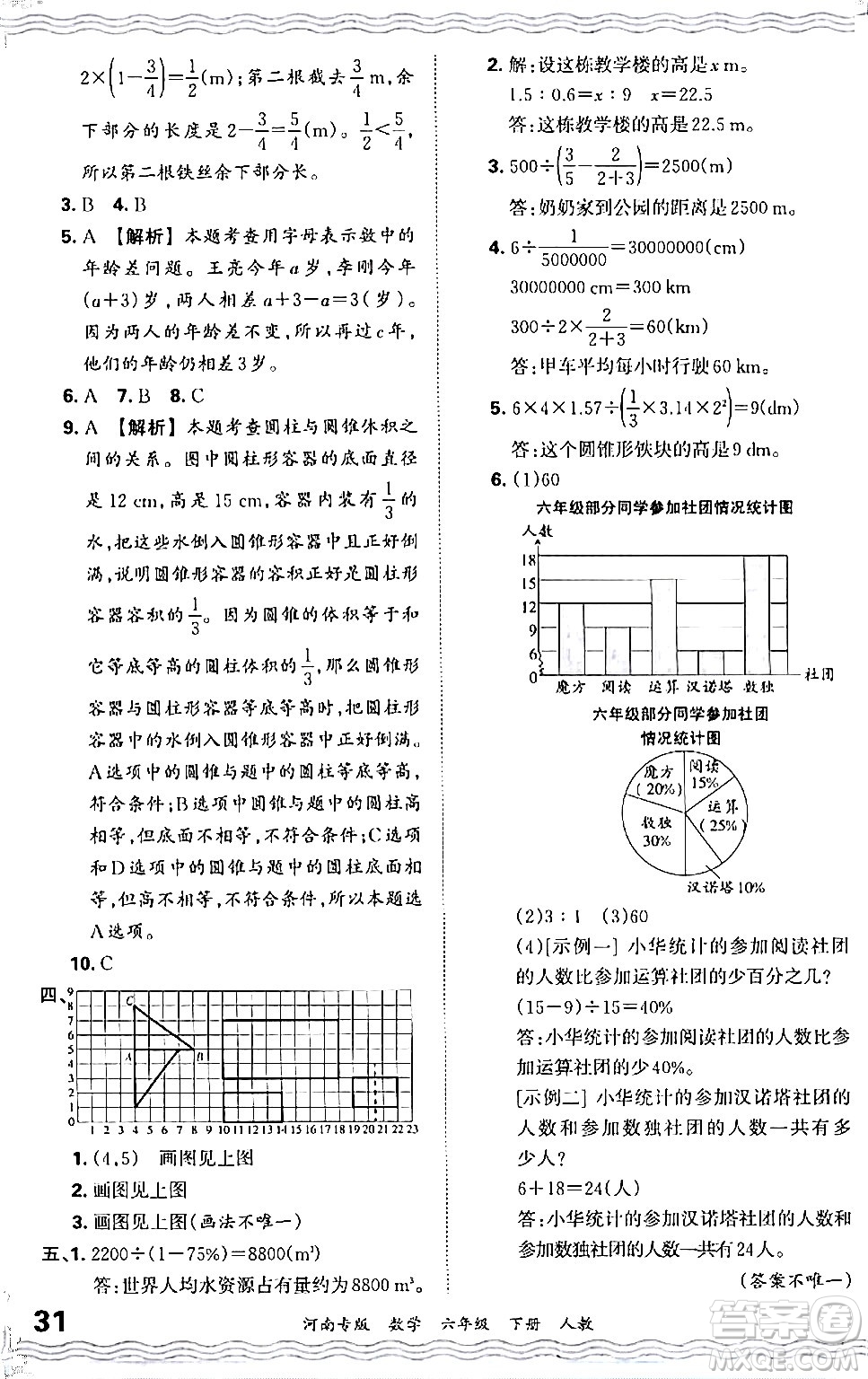 江西人民出版社2024年春王朝霞各地期末試卷精選六年級(jí)數(shù)學(xué)下冊(cè)人教版河南專版答案