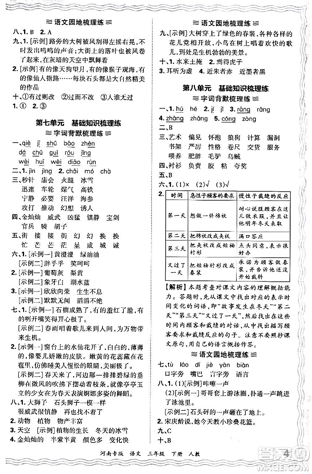 江西人民出版社2024年春王朝霞各地期末試卷精選三年級語文下冊人教版河南專版答案