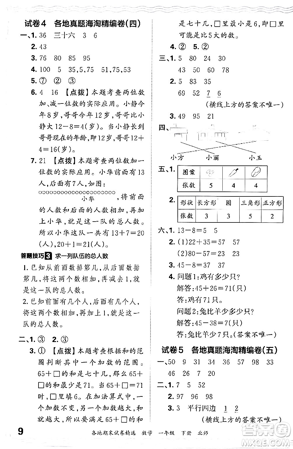 江西人民出版社2024年春王朝霞各地期末試卷精選一年級數(shù)學下冊北師大版答案