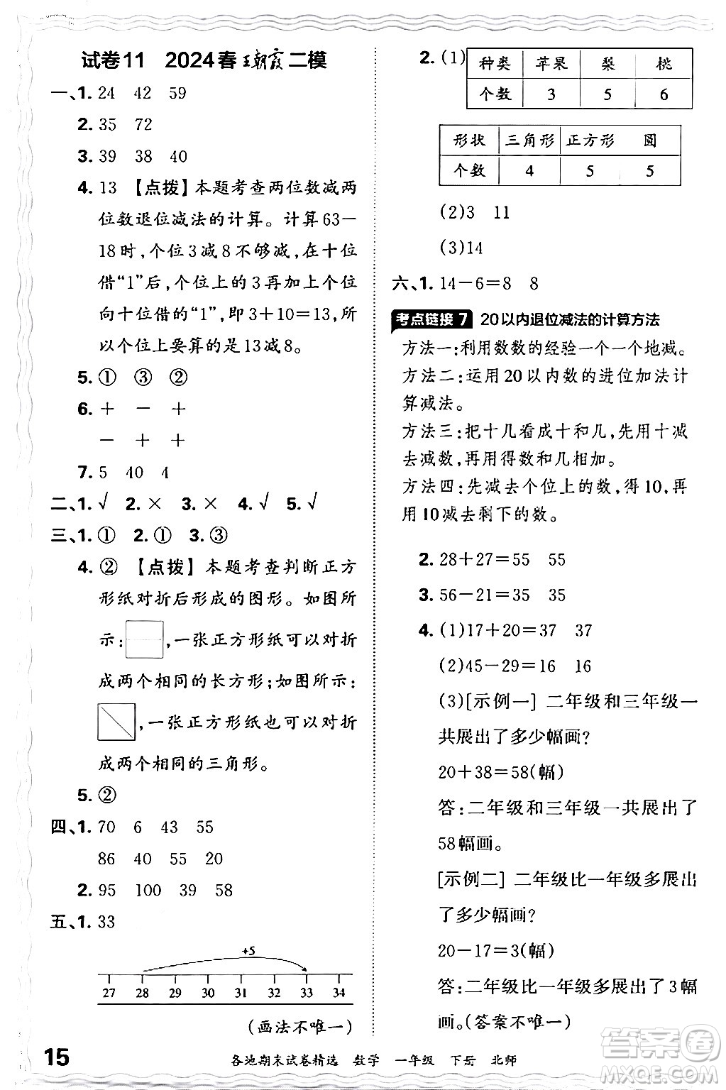 江西人民出版社2024年春王朝霞各地期末試卷精選一年級數(shù)學下冊北師大版答案