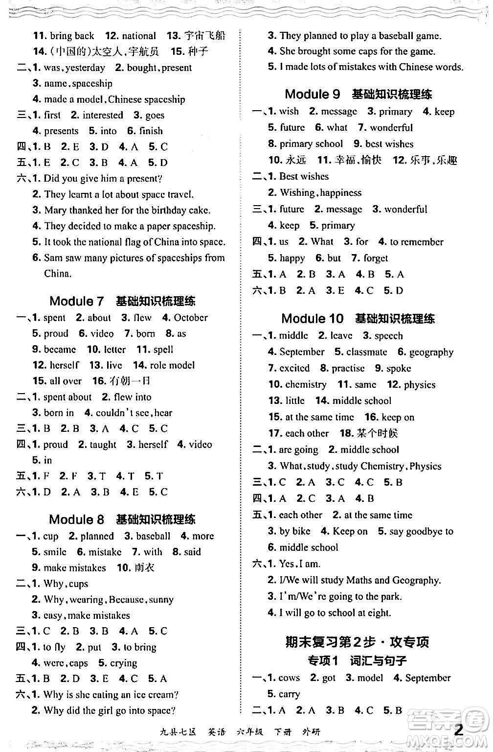 江西人民出版社2024年春王朝霞各地期末試卷精選六年級英語下冊外研版洛陽專版答案