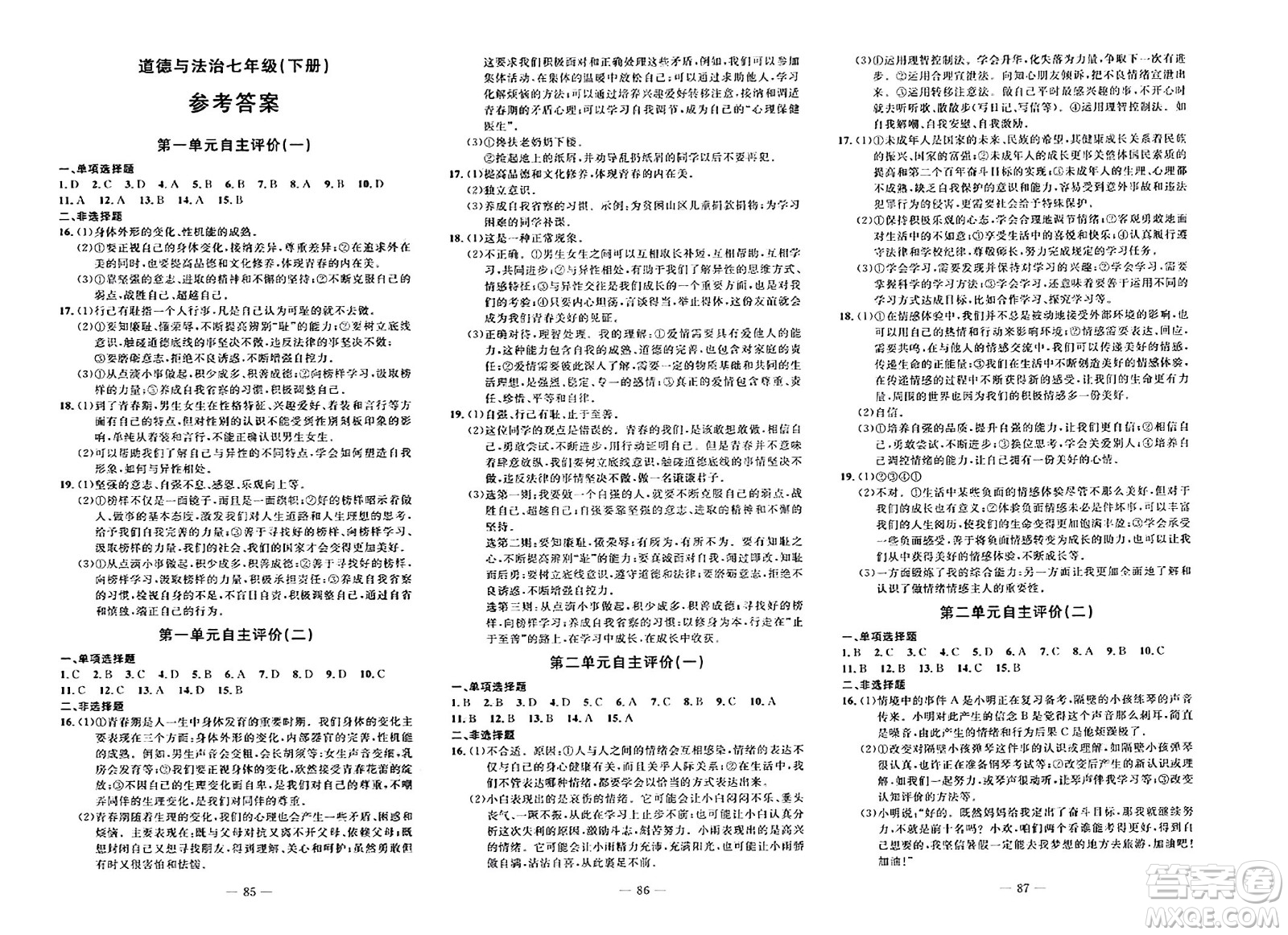 長(zhǎng)江少年兒童出版社2024年春智慧課堂自主評(píng)價(jià)七年級(jí)道德與法治下冊(cè)通用版答案