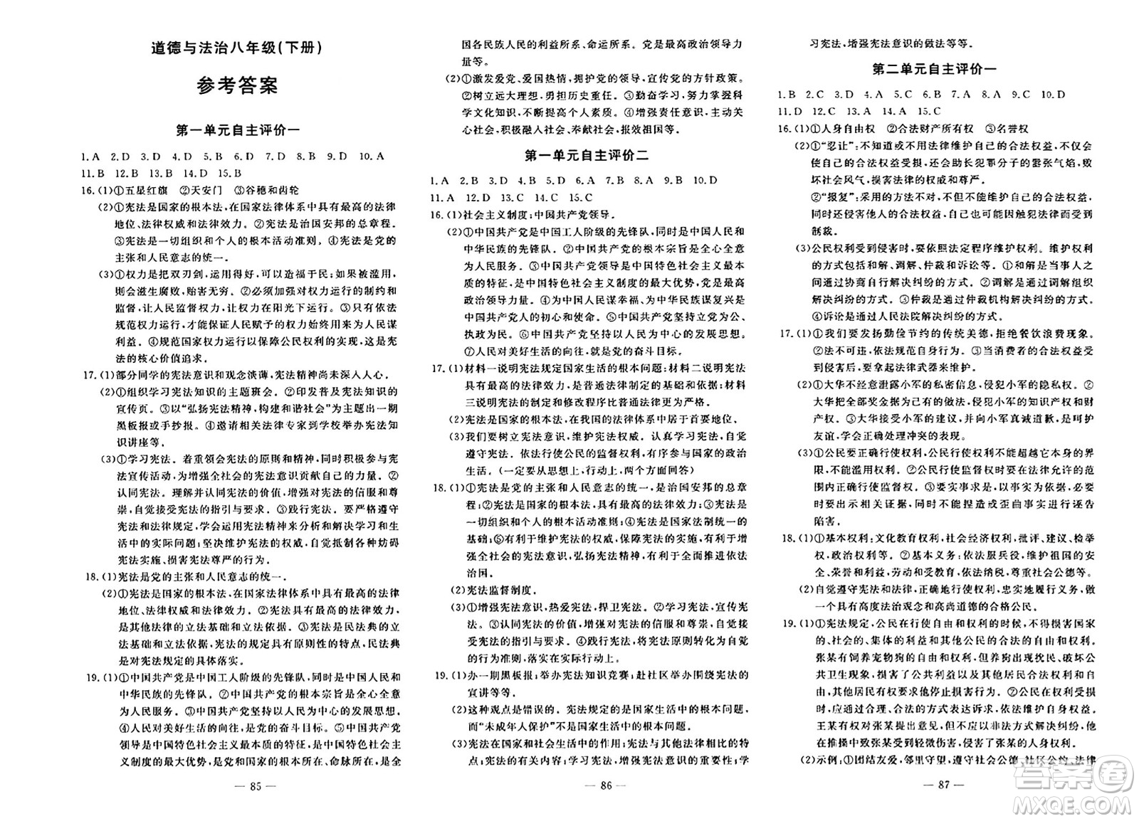 長江少年兒童出版社2024年春智慧課堂自主評(píng)價(jià)八年級(jí)道德與法治下冊通用版答案