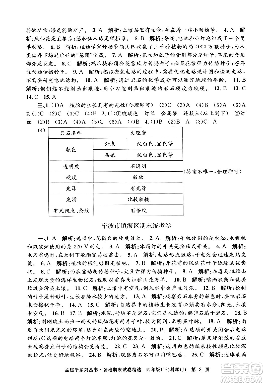 浙江工商大學(xué)出版社2024年春孟建平各地期末試卷精選四年級(jí)科學(xué)下冊(cè)教科版浙江專版答案