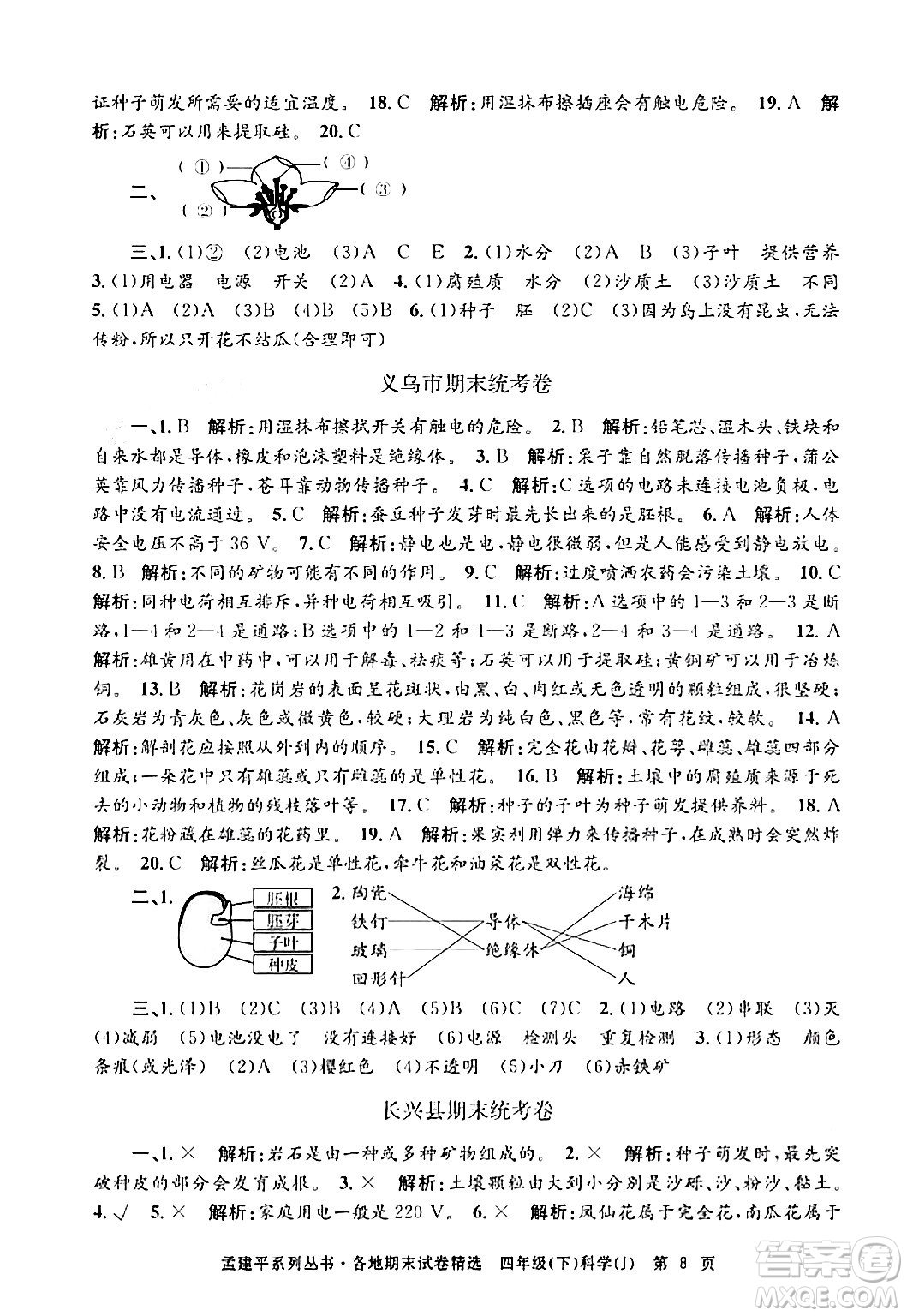 浙江工商大學(xué)出版社2024年春孟建平各地期末試卷精選四年級(jí)科學(xué)下冊(cè)教科版浙江專版答案