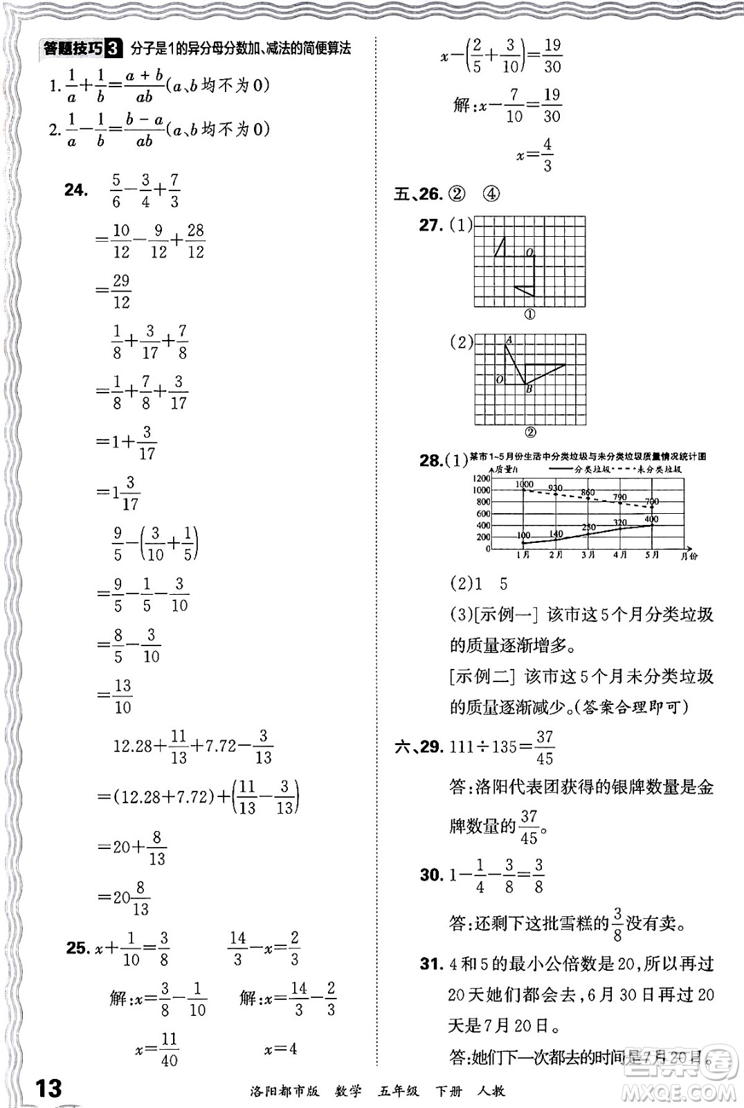 江西人民出版社2024年春王朝霞各地期末試卷精選五年級(jí)數(shù)學(xué)下冊(cè)人教版洛陽專版答案