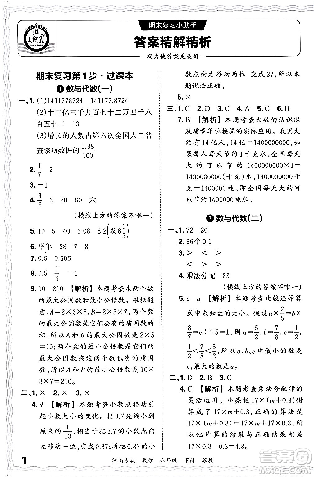 江西人民出版社2024年春王朝霞各地期末試卷精選六年級(jí)數(shù)學(xué)下冊蘇教版河南專版答案
