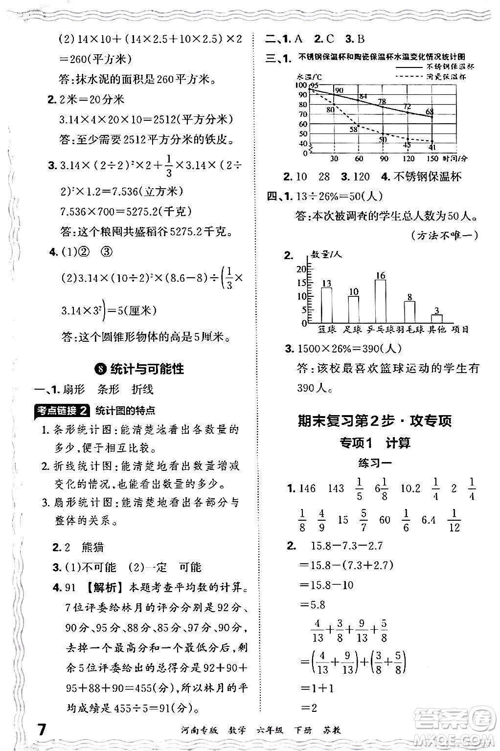 江西人民出版社2024年春王朝霞各地期末試卷精選六年級(jí)數(shù)學(xué)下冊蘇教版河南專版答案