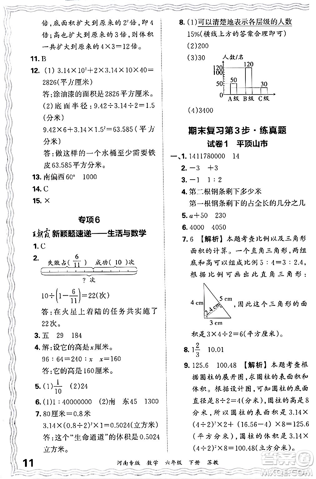 江西人民出版社2024年春王朝霞各地期末試卷精選六年級(jí)數(shù)學(xué)下冊蘇教版河南專版答案