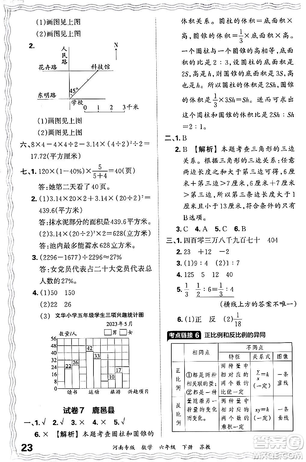 江西人民出版社2024年春王朝霞各地期末試卷精選六年級(jí)數(shù)學(xué)下冊蘇教版河南專版答案