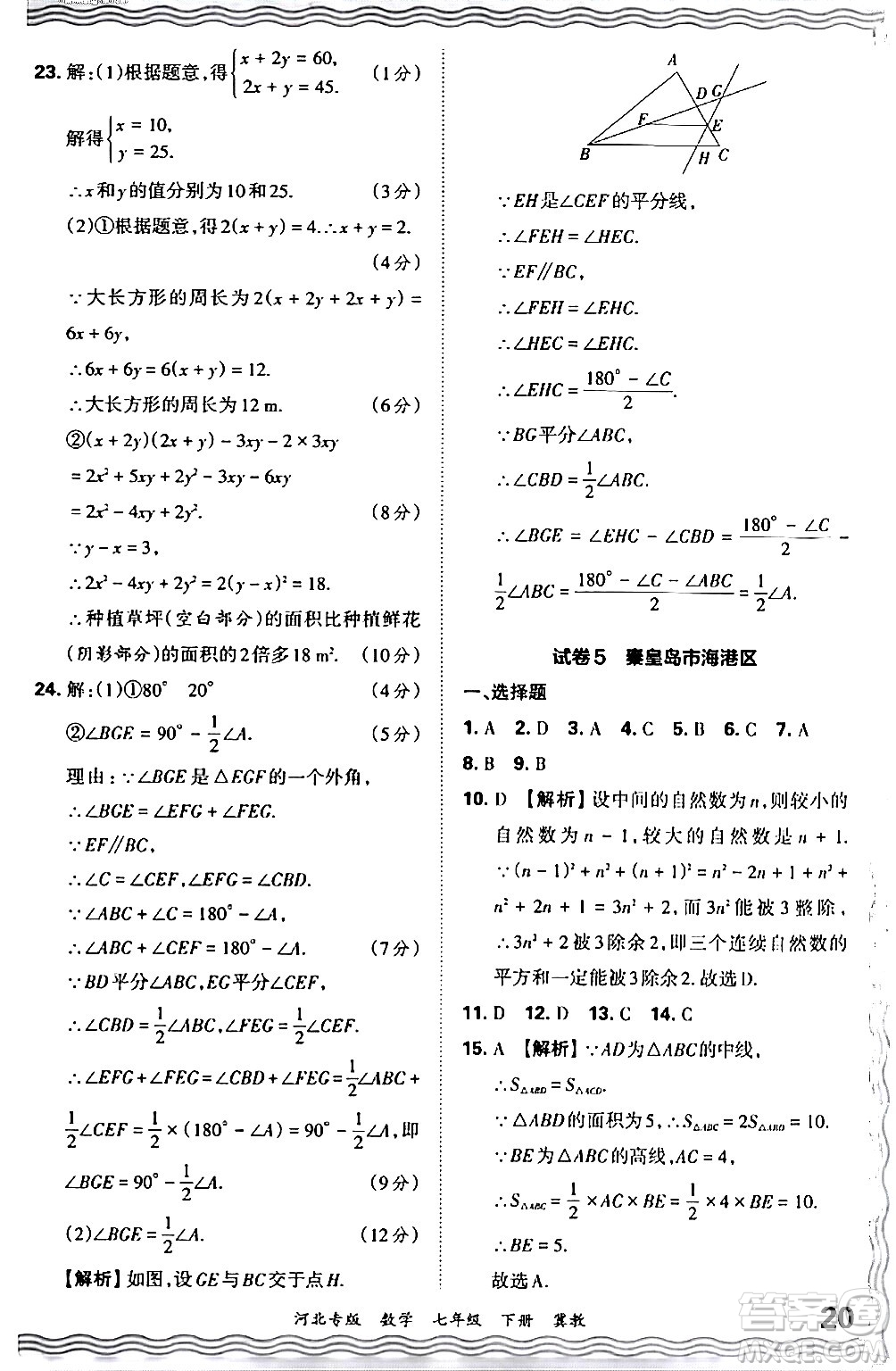 江西人民出版社2024年春王朝霞各地期末試卷精選七年級數(shù)學下冊冀教版河北專版答案