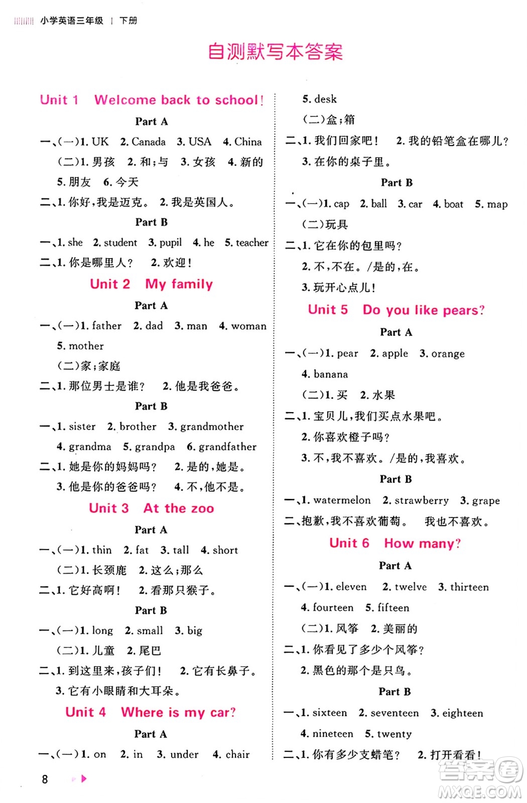 安徽師范大學(xué)出版社2024年春訓(xùn)練達(dá)人三年級(jí)英語下冊(cè)人教PEP版浙江專版答案