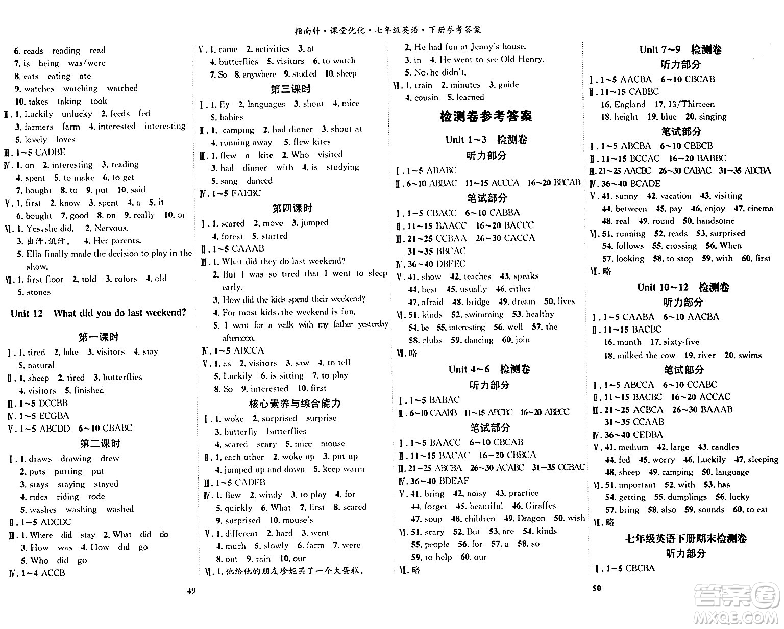吉林教育出版社2024年春指南針課堂優(yōu)化七年級英語下冊人教版答案