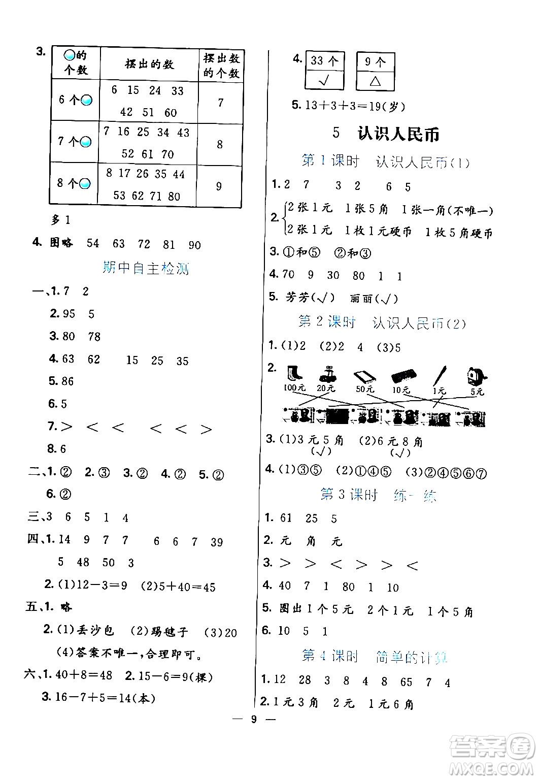 陽(yáng)光出版社2024年春亮點(diǎn)激活提優(yōu)天天練一年級(jí)數(shù)學(xué)下冊(cè)人教版山東專版答案