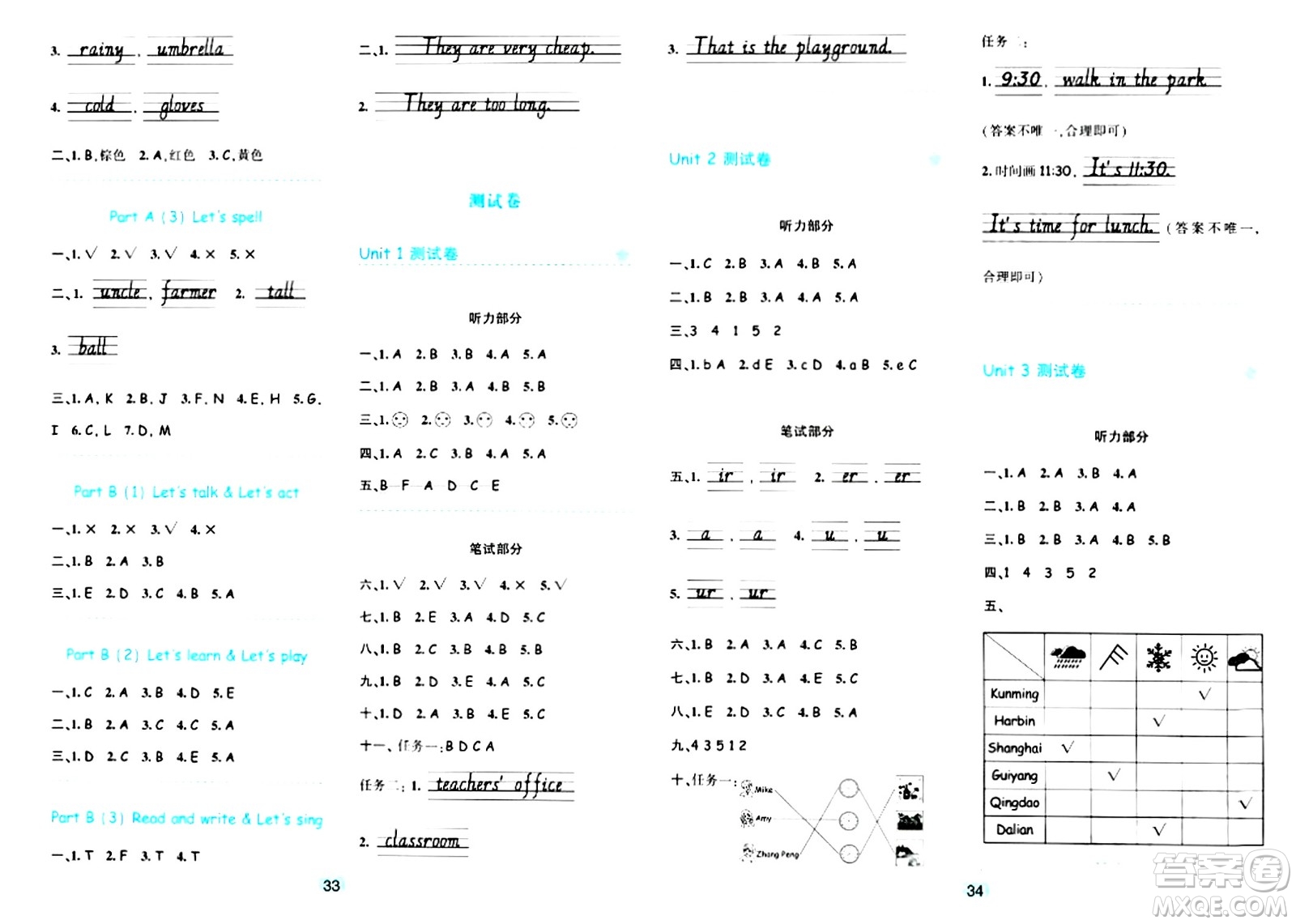 浙江教育出版社2024年春精準(zhǔn)學(xué)與練四年級英語下冊人教版答案