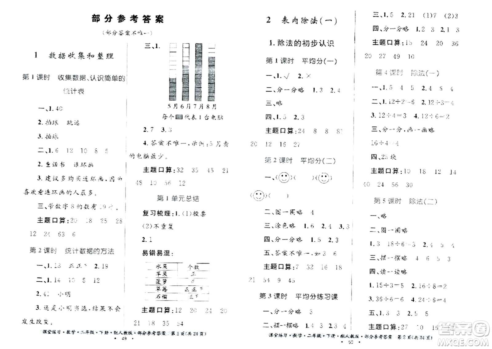 貴州人民出版社2024年春課堂練習(xí)二年級數(shù)學(xué)下冊人教版答案