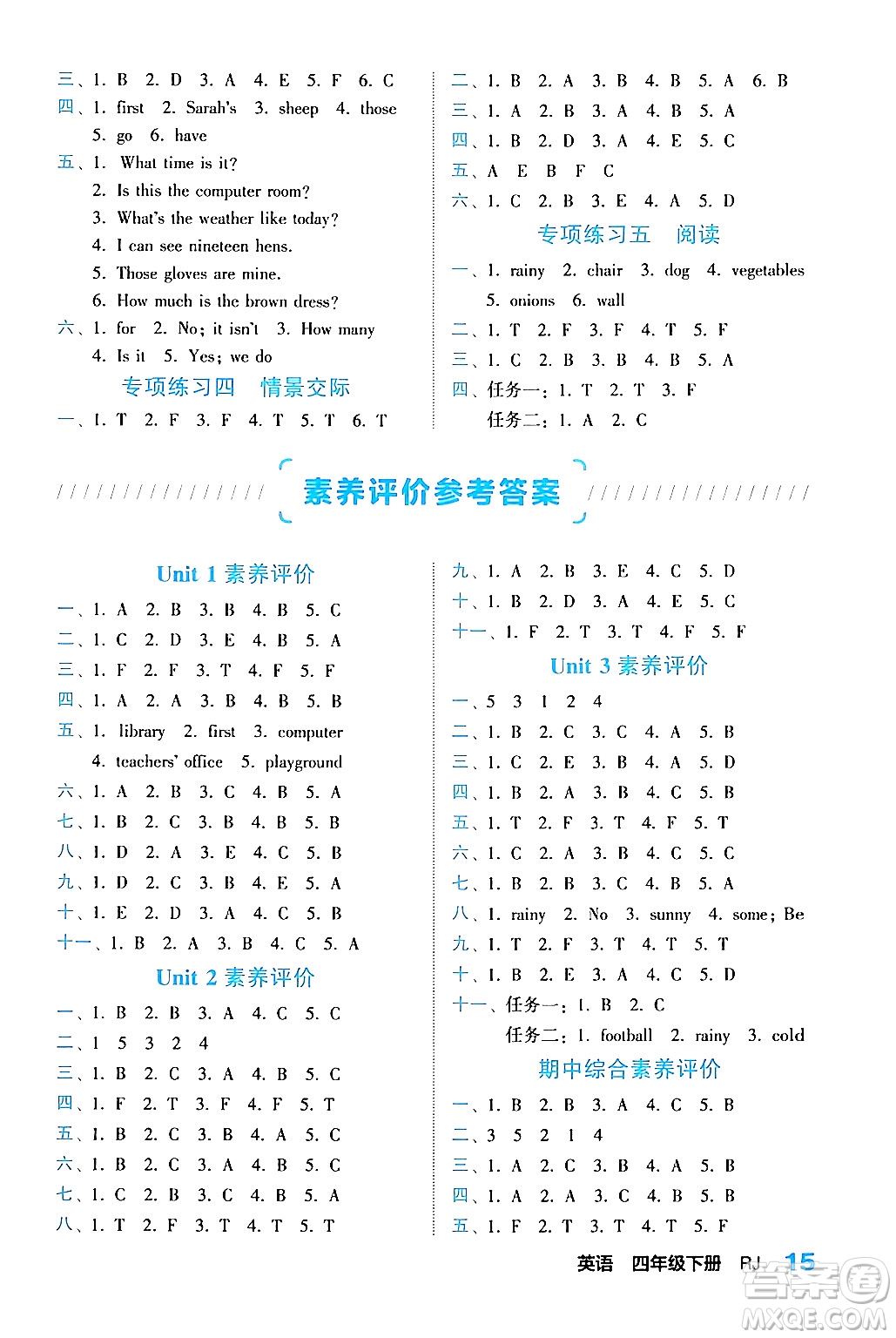 合肥工業(yè)大學(xué)出版社2024年春黃岡課課通同步隨堂檢測(cè)四年級(jí)英語(yǔ)下冊(cè)人教版答案