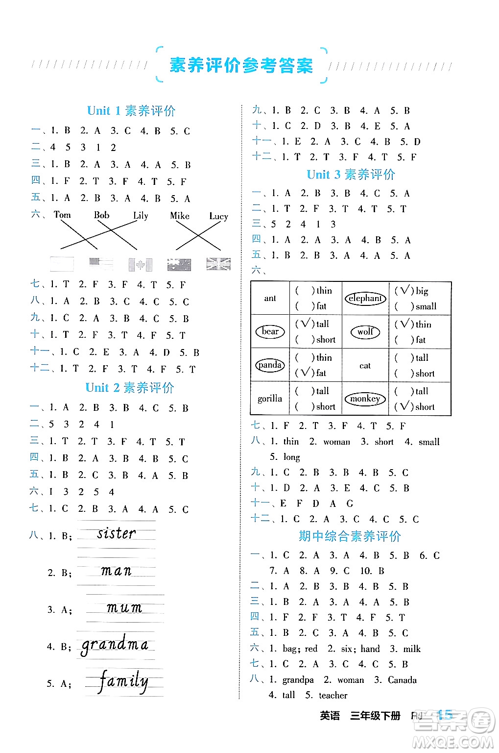 合肥工業(yè)大學(xué)出版社2024年春黃岡課課通同步隨堂檢測(cè)三年級(jí)英語(yǔ)下冊(cè)人教版答案