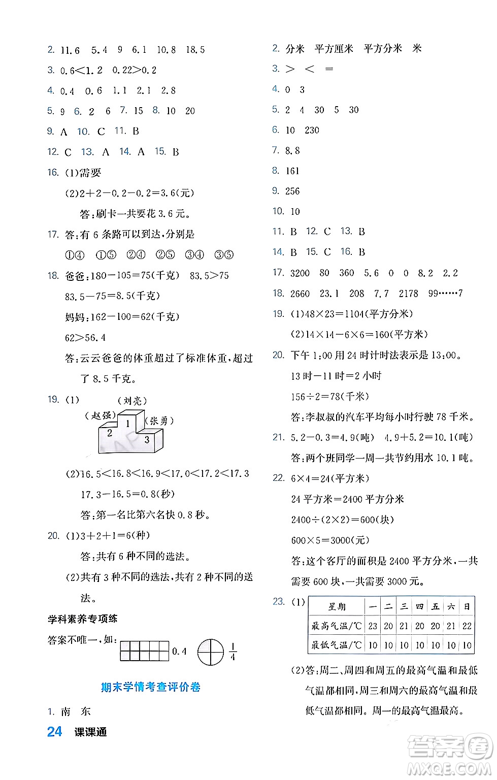 合肥工業(yè)大學(xué)出版社2024年春黃岡課課通同步隨堂檢測三年級數(shù)學(xué)下冊人教版答案