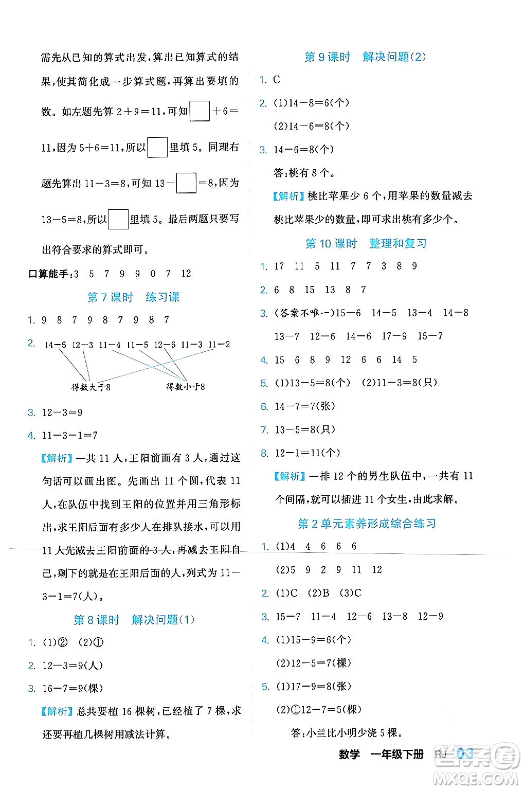 合肥工業(yè)大學(xué)出版社2024年春黃岡課課通同步隨堂檢測(cè)一年級(jí)數(shù)學(xué)下冊(cè)人教版答案