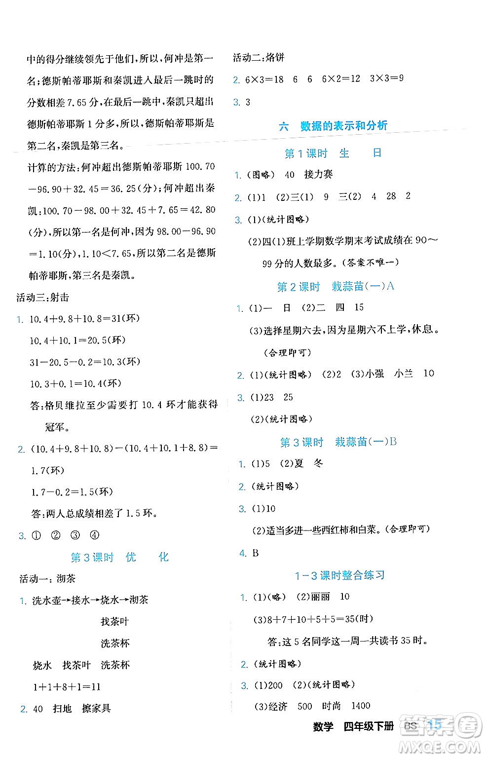 合肥工業(yè)大學出版社2024年春黃岡課課通同步隨堂檢測四年級數(shù)學下冊北師大版答案