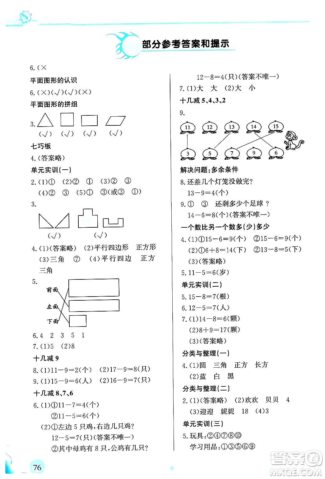 福建教育出版社2024年春小學(xué)生學(xué)習(xí)指導(dǎo)叢書一年級數(shù)學(xué)下冊人教版答案