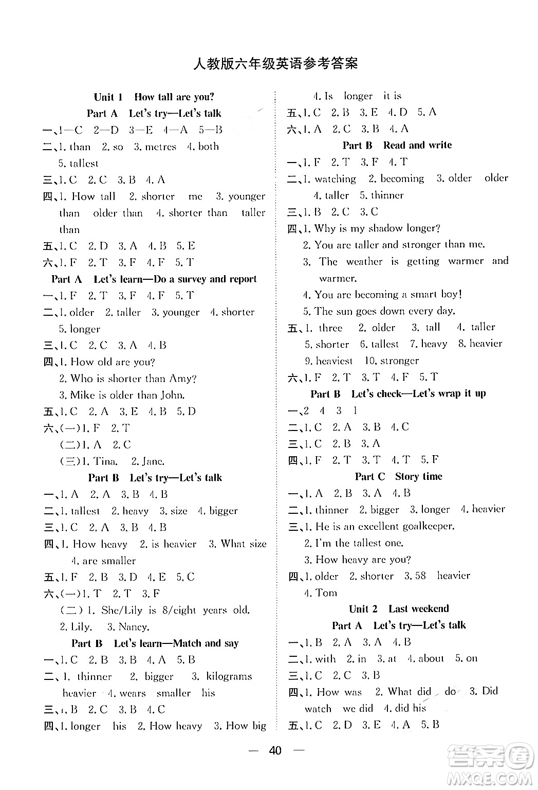 合肥工業(yè)大學(xué)出版社2024年春快樂學(xué)習(xí)小學(xué)英語隨堂練六年級(jí)英語下冊(cè)人教PEP版答案