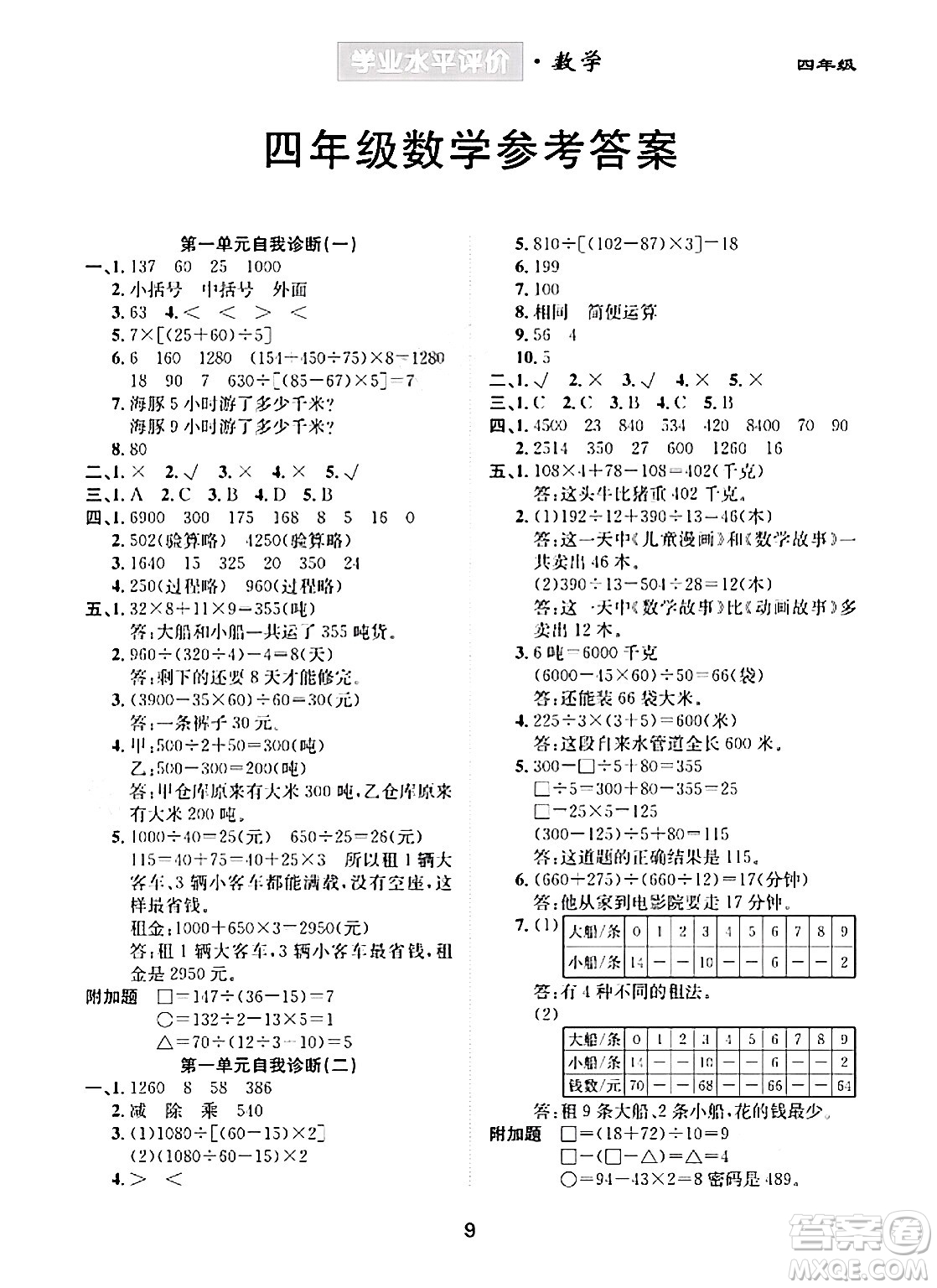 崇文書局2024年春學(xué)業(yè)水平評價核心素養(yǎng)提升專練四年級數(shù)學(xué)下冊人教版答案