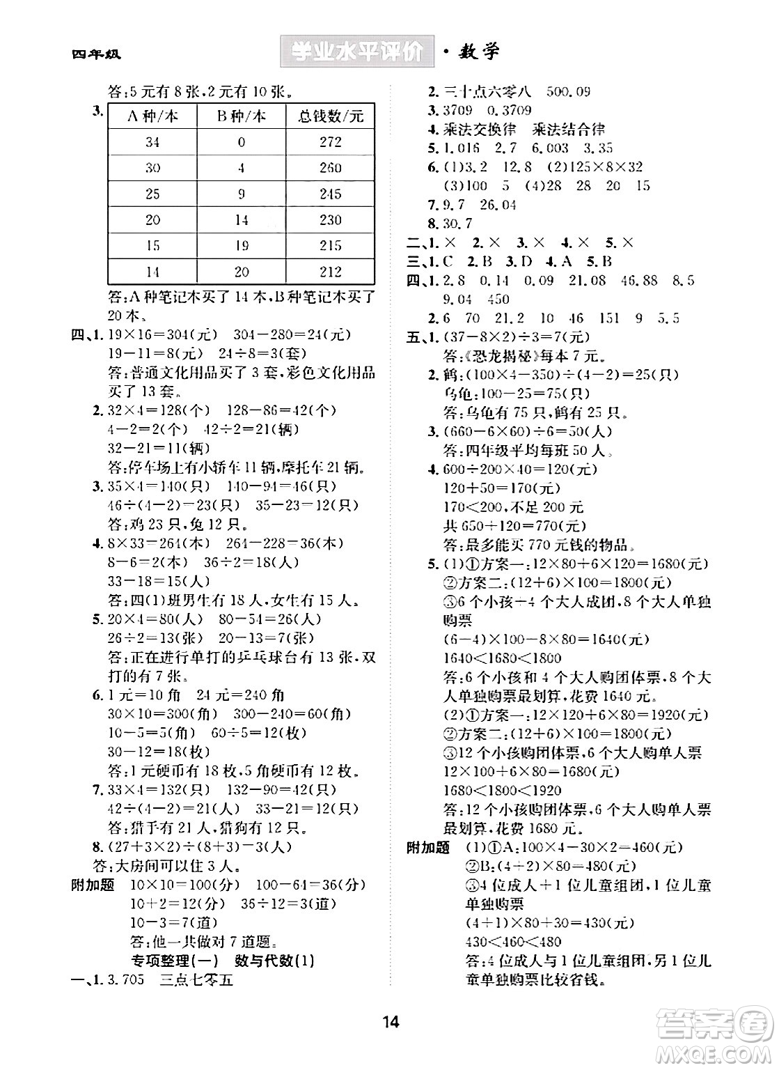 崇文書局2024年春學(xué)業(yè)水平評價核心素養(yǎng)提升專練四年級數(shù)學(xué)下冊人教版答案