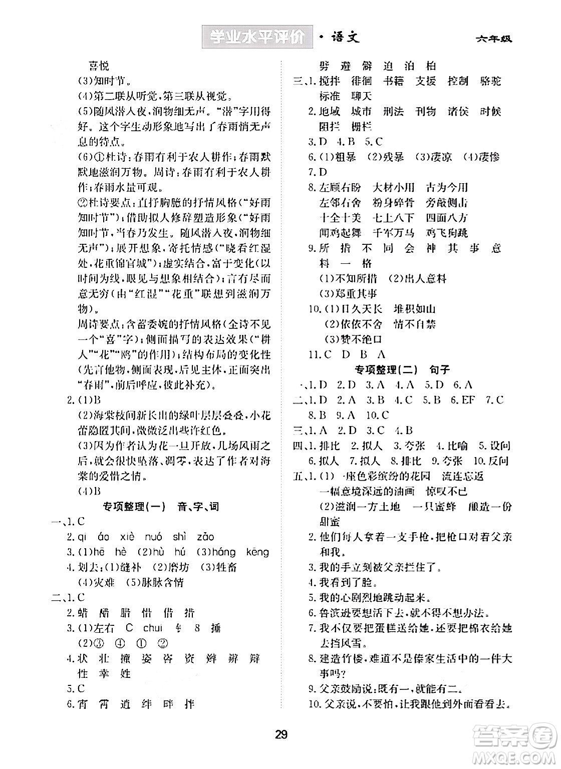 崇文書局2024年春學(xué)業(yè)水平評價核心素養(yǎng)提升專練六年級語文下冊通用版答案