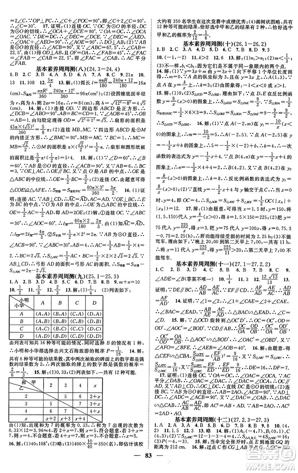 天津科學(xué)技術(shù)出版社2024年春名校智慧智慧學(xué)堂九年級數(shù)學(xué)下冊人教版答案