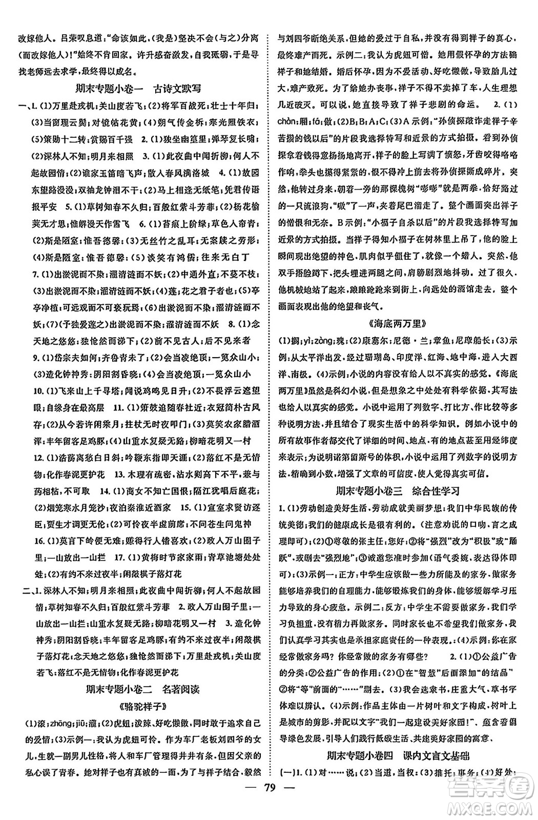 天津科學(xué)技術(shù)出版社2024年春名校智慧智慧學(xué)堂七年級(jí)語(yǔ)文下冊(cè)人教版答案
