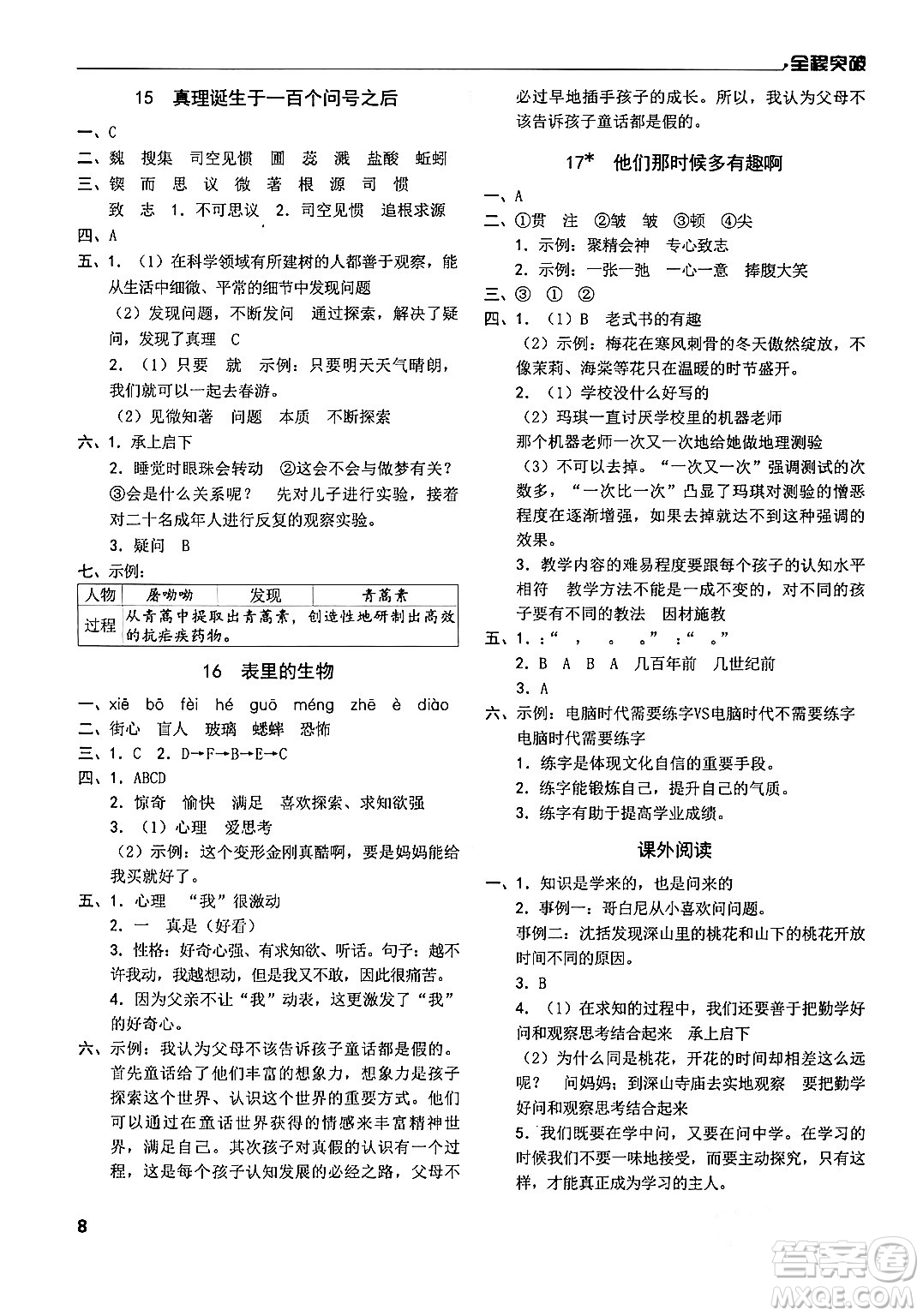 北方婦女兒童出版社2024年春全程突破六年級(jí)語文下冊(cè)通用版答案