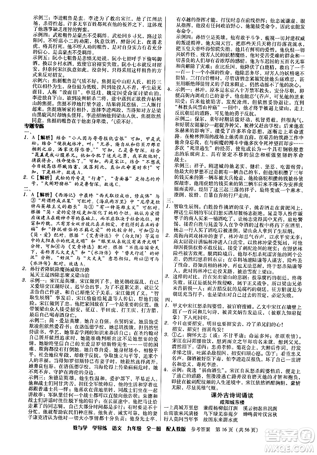 安徽人民出版社2024年春教與學(xué)學(xué)導(dǎo)練九年級語文下冊人教版答案