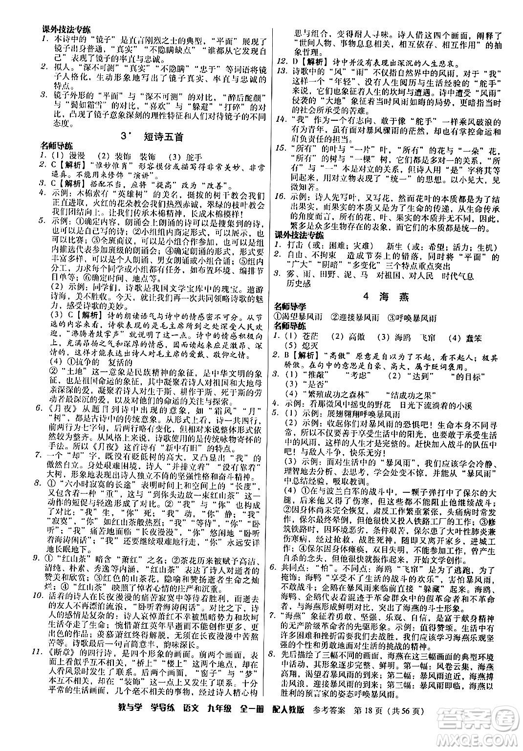 安徽人民出版社2024年春教與學(xué)學(xué)導(dǎo)練九年級語文下冊人教版答案