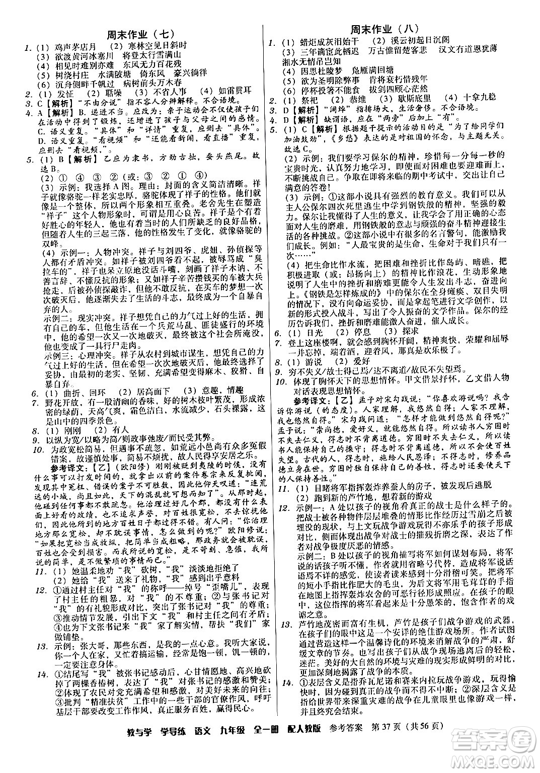 安徽人民出版社2024年春教與學(xué)學(xué)導(dǎo)練九年級語文下冊人教版答案
