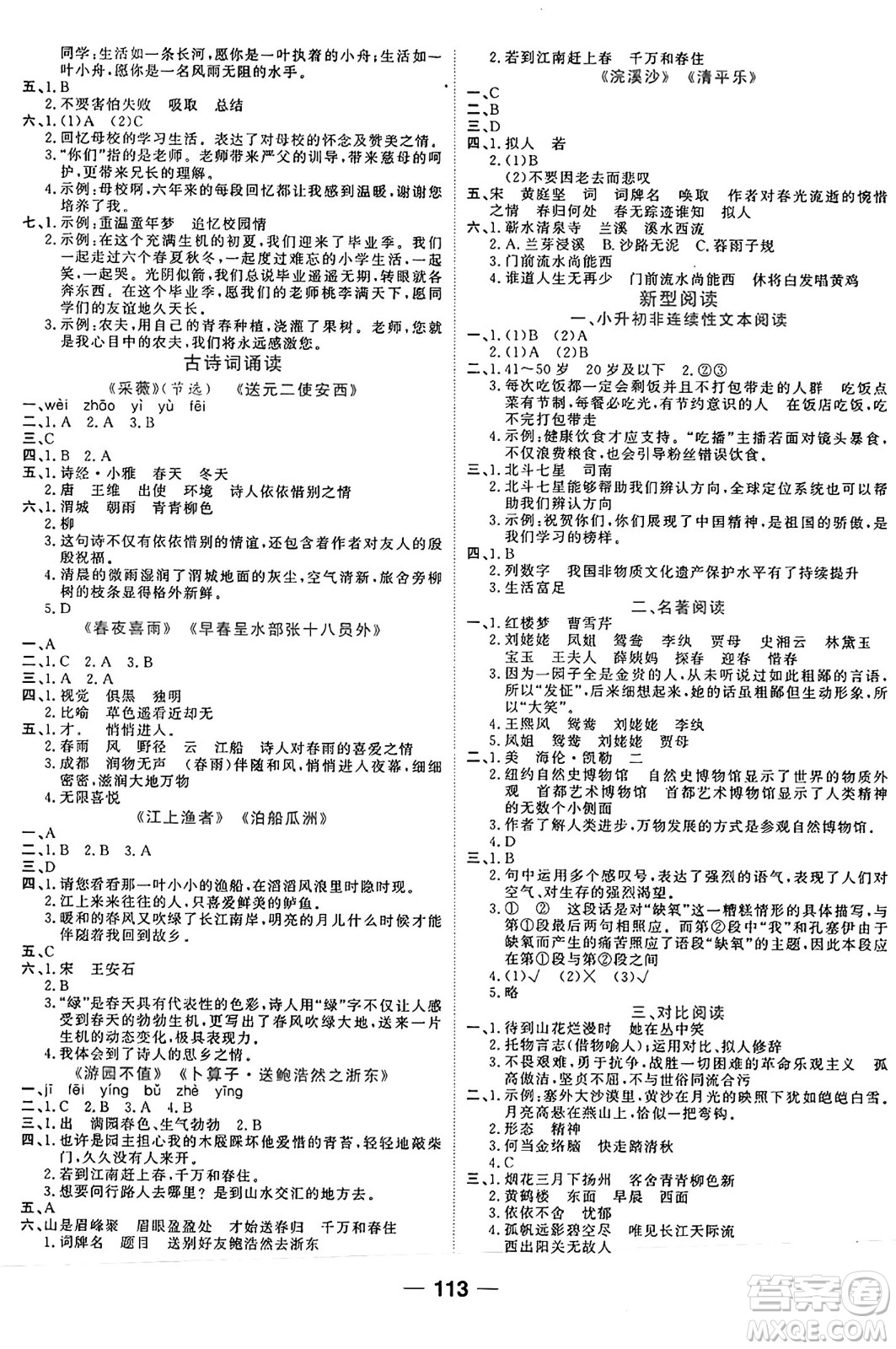 天津科學(xué)技術(shù)出版社2024年春奪冠新課堂隨堂練測六年級語文下冊人教版答案