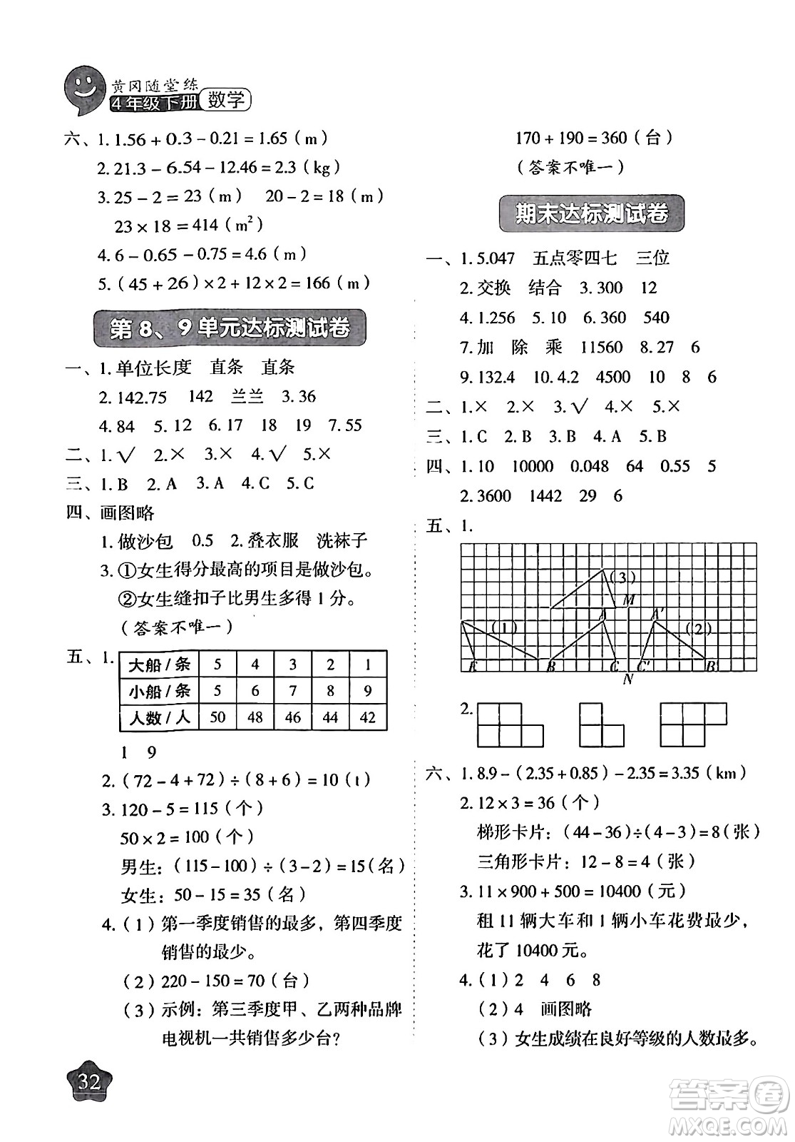 西安出版社2024年春黃岡隨堂練四年級數(shù)學下冊人教版答案