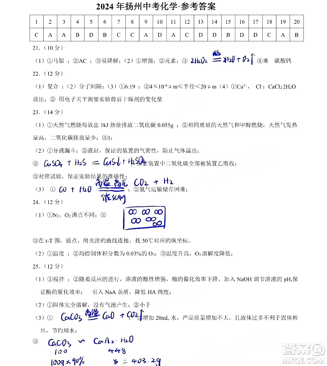 2024揚州中考化學(xué)真題答案