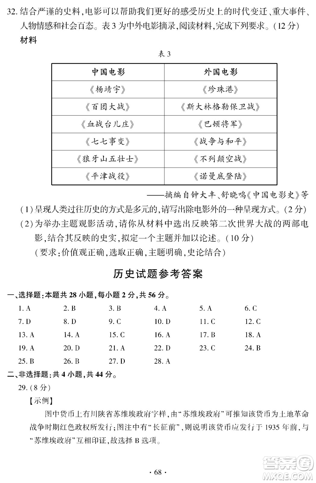 2024福建中考歷史真題答案