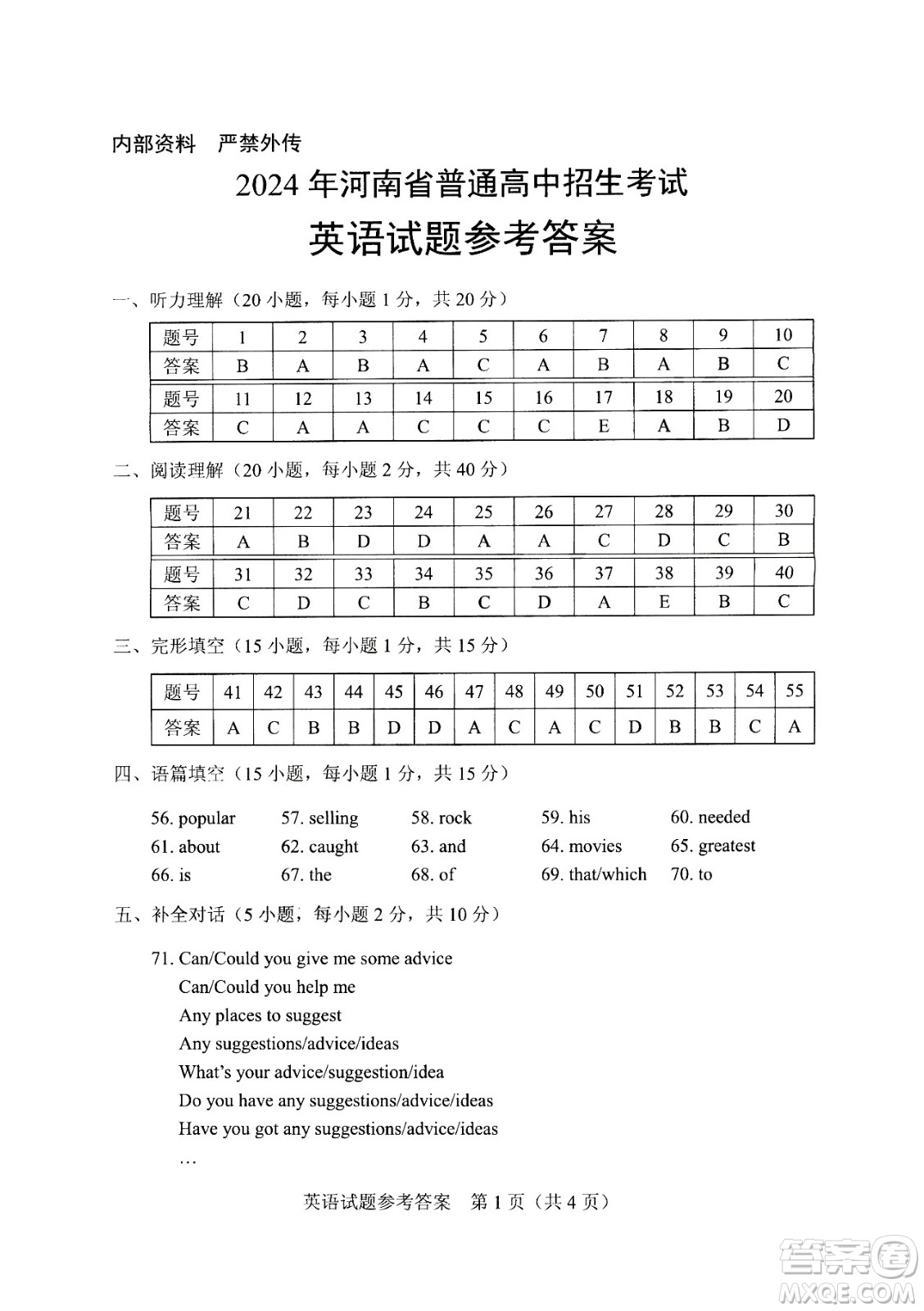 2024河南中考英語(yǔ)真題答案