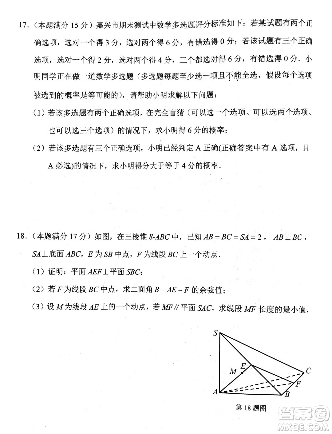浙江嘉興2024年高一下學(xué)期6月期末檢測(cè)數(shù)學(xué)試題答案
