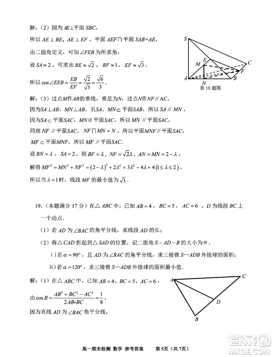 浙江嘉興2024年高一下學(xué)期6月期末檢測(cè)數(shù)學(xué)試題答案