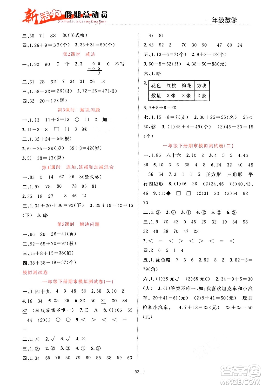 甘肅文化出版社2024年春新活力暑假總動員一年級數(shù)學全一冊通用版答案