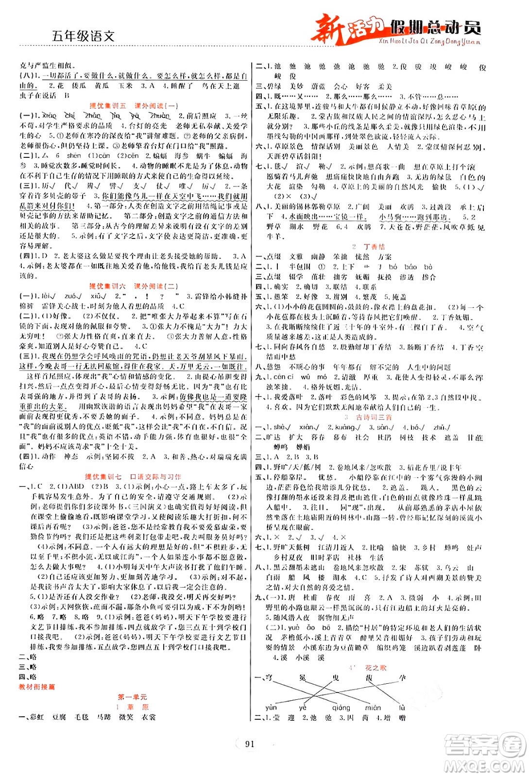 甘肅文化出版社2024年春新活力暑假總動員五年級語文全一冊通用版答案