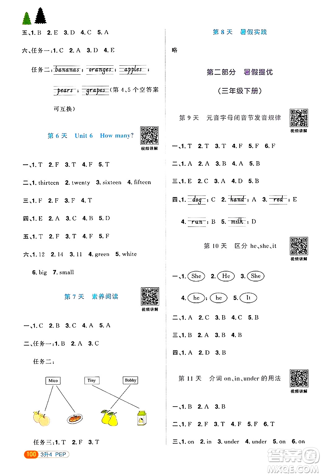 江蘇教育出版社2024年春陽光同學(xué)暑假銜接3升4年級英語全一冊人教PEP版答案