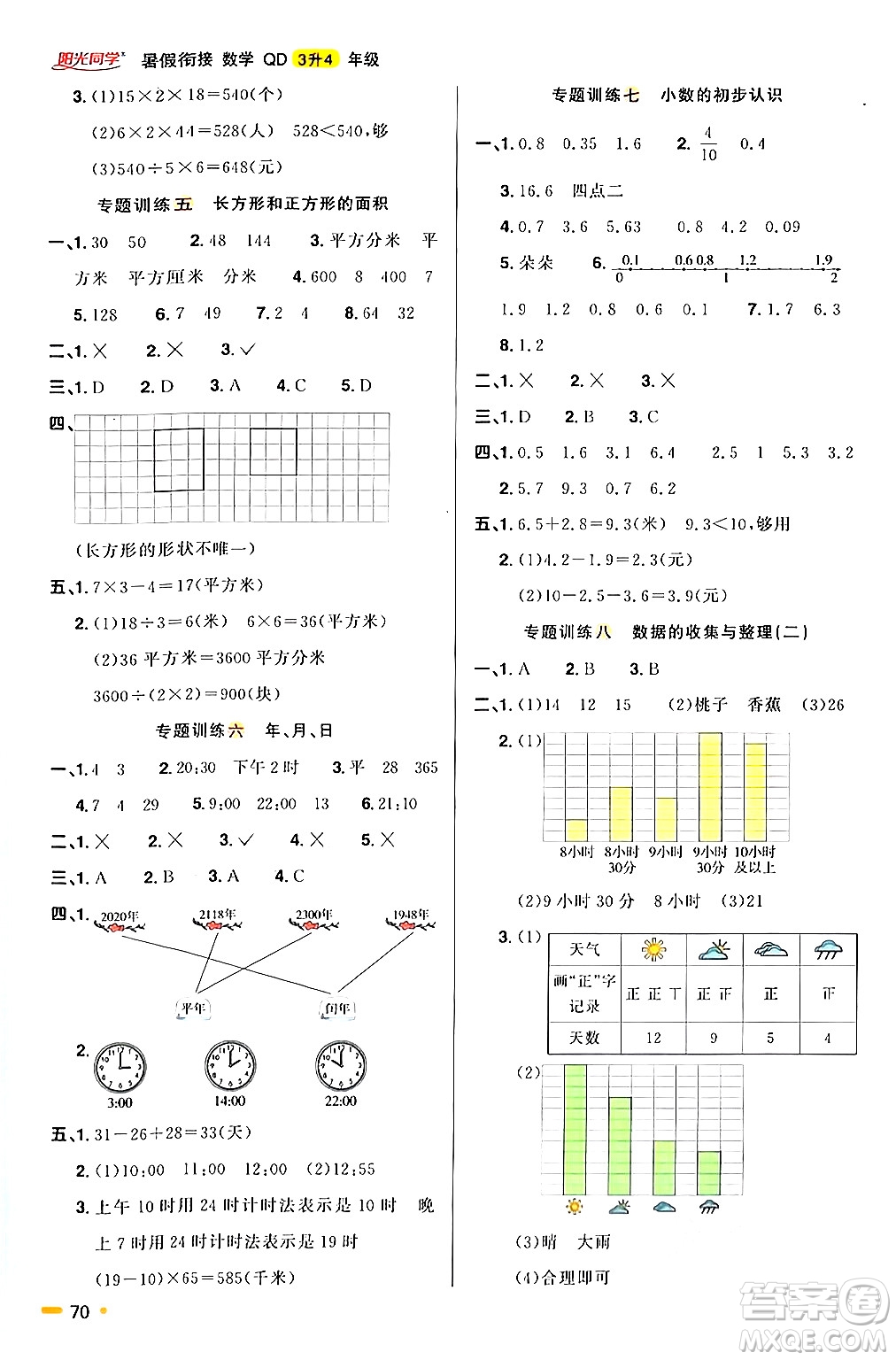 江蘇教育出版社2024年春陽光同學(xué)暑假銜接3升4年級(jí)數(shù)學(xué)全一冊青島版答案
