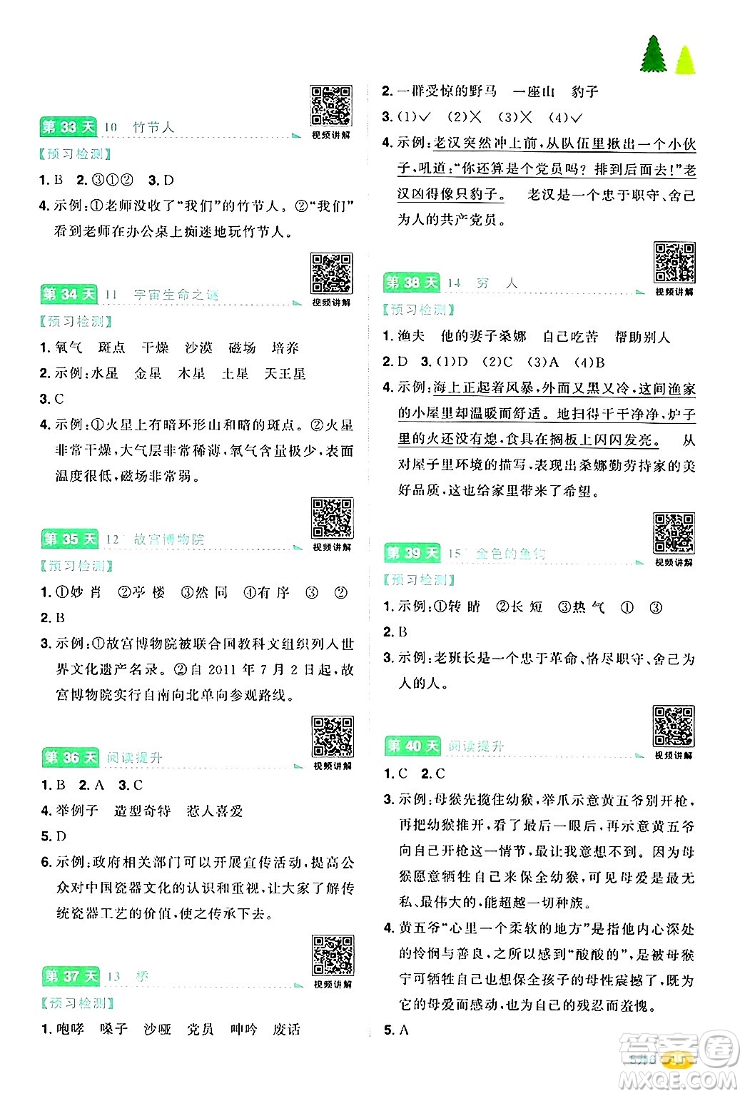 江蘇教育出版社2024年春陽光同學(xué)暑假銜接5升6年級(jí)語文全一冊(cè)青島版答案