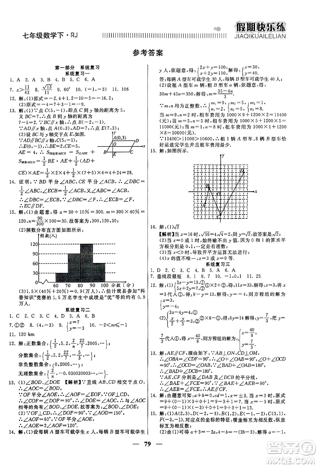 天津科學(xué)技術(shù)出版社2024年春金優(yōu)教輔假期快樂練七年級數(shù)學(xué)人教版答案